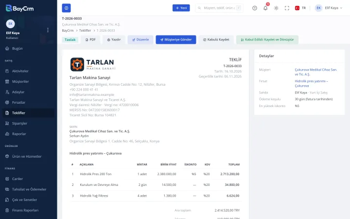 Teklif: firma logosu, satırlar, iskonto, KDV ve toplam