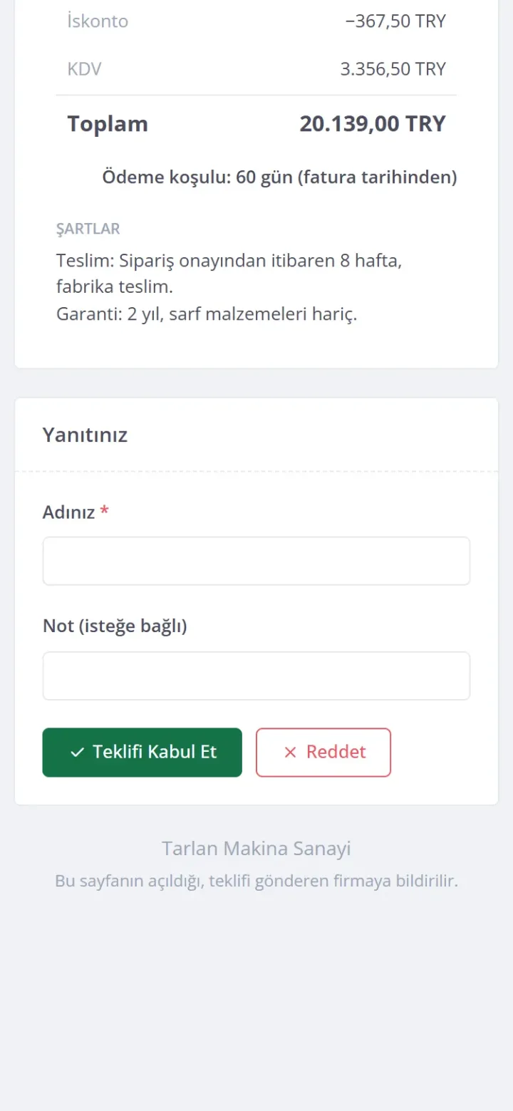 Müşterinin telefonda açtığı teklif sayfası